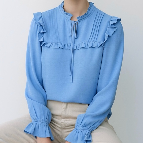 CeCe Ruffle Crepe Blouse Split Neckline with Tie Pintucks Long Sleeve Small - Picture 6 of 15